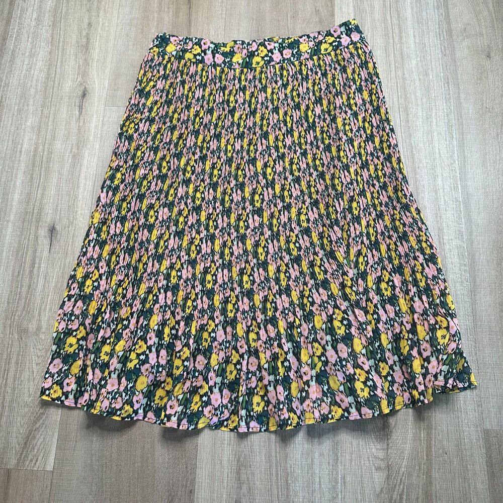 Boden Floral Plissé Midi Pleated Skirt Size US 2 Yellow Green Pink